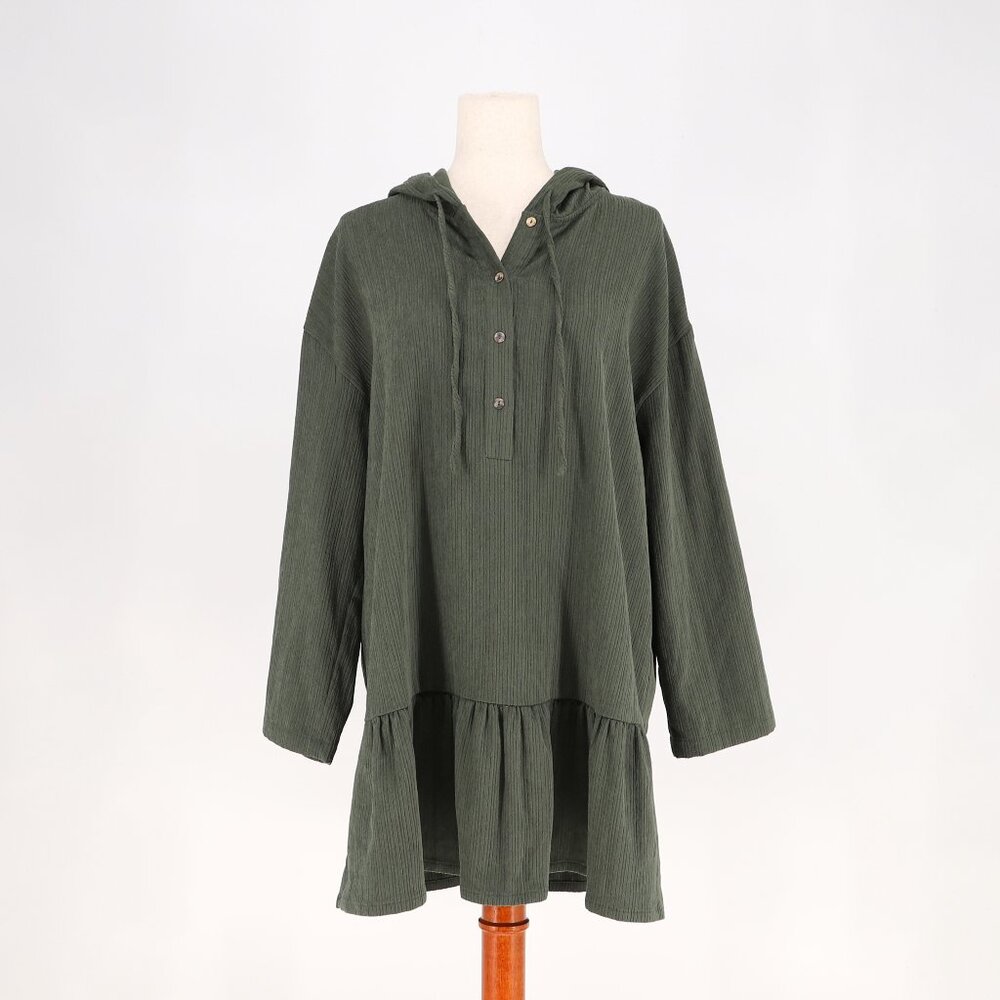 NWT ZARA Olive Green Hooded Ribbed Knit Henley Placket Mini Dress Size M